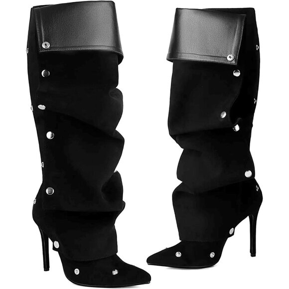 ⚡Women's Retro Black Knee High Shark Boots Pointed Toe High Heels Ruched - Picture 1 of 7